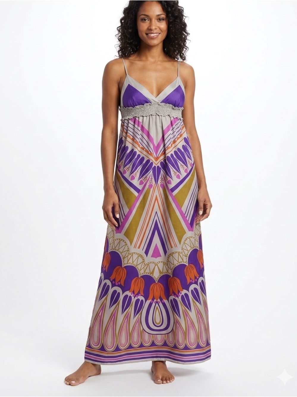 LILKO 100% Silk Printed Maxi Dress in Purple, Orange & Grey